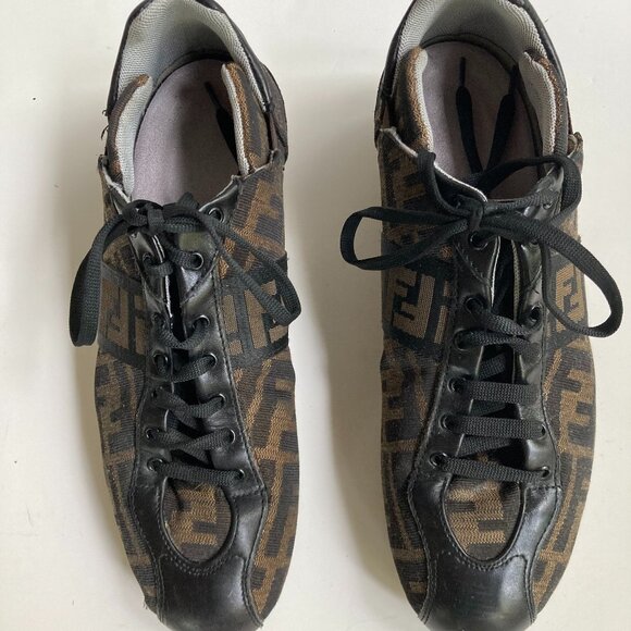 ⚡️ Fendi Brown Zucca Canvas And Leather Trim Low Top Sneakers Size 39.5 IT - Picture 2 of 7